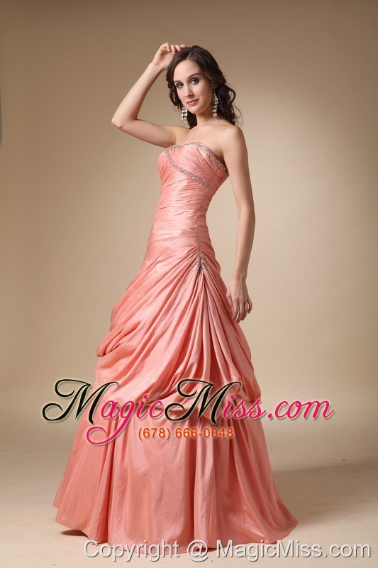 wholesale orange a-line strapless floor-length beading and pick-ups taffeta prom dress