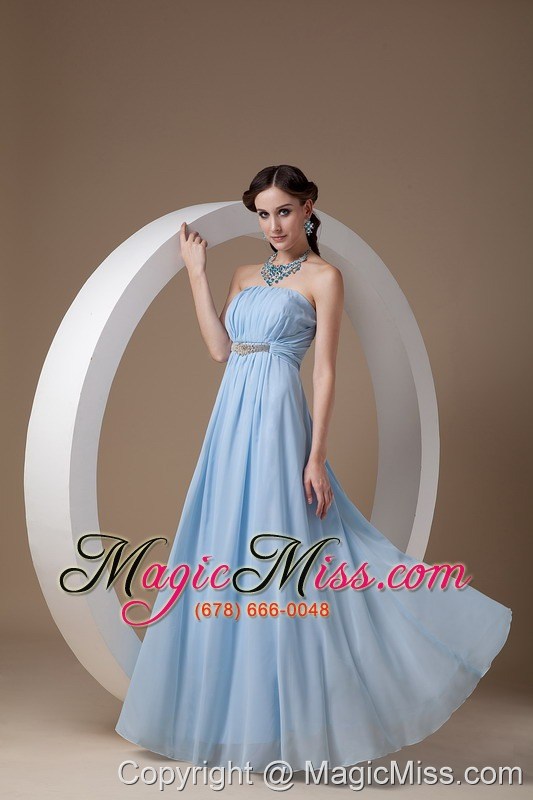 wholesale light blue elegant bridesmaid dress empire strapless chiffon beading and ruch floor-length