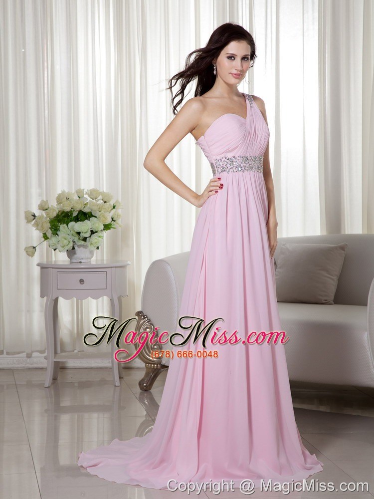 wholesale baby pink empire one shoulder brush train chiffon beading and ruch prom / celebrity dress