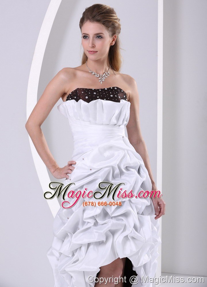 wholesale custom made beaded and pick-ups high-low prom dress with brush train taffeta