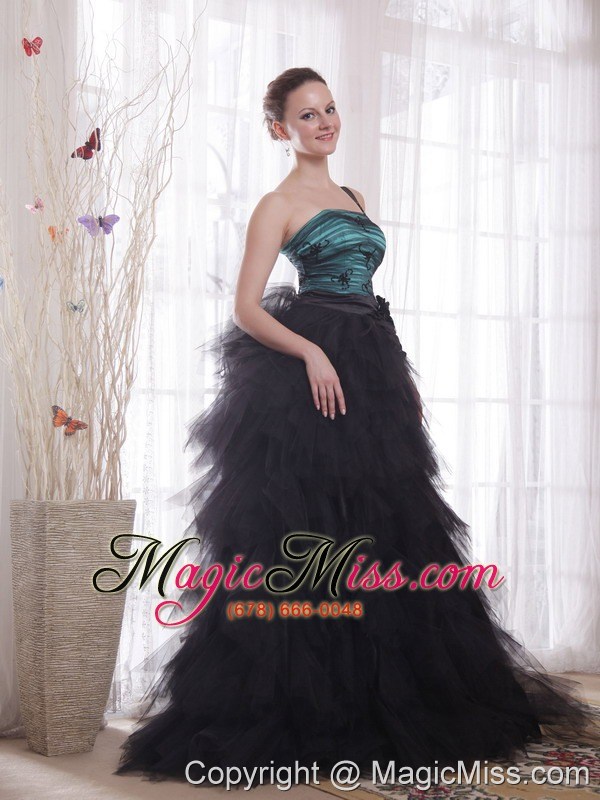 wholesale black and peacock green a-line / princess one shoulder brush train tulle appliques and ruch prom / celebrity dress