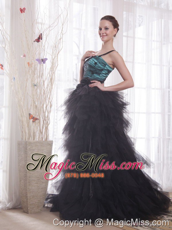wholesale black and peacock green a-line / princess one shoulder brush train tulle appliques and ruch prom / celebrity dress