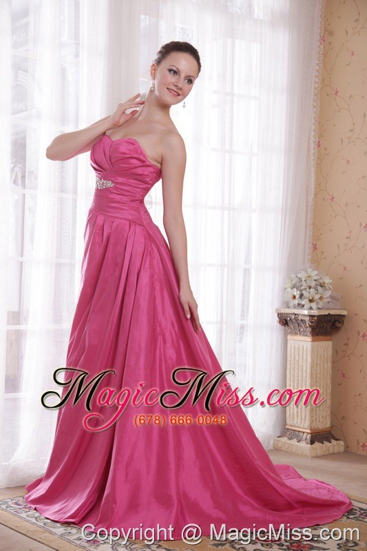 wholesale rose pink a-line / princess sweetheart court train taffeta beading prom dress