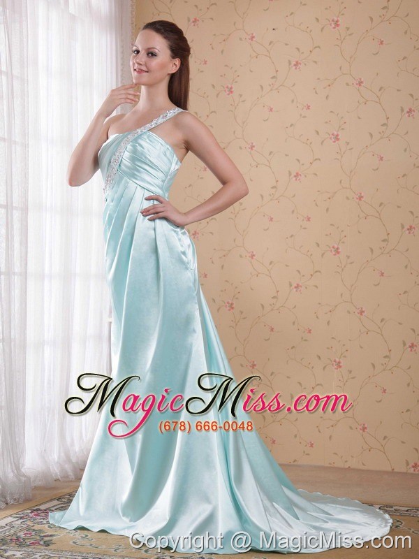 wholesale light blue empire one shoulder brush / sweep elastic woven satin beading prom dress