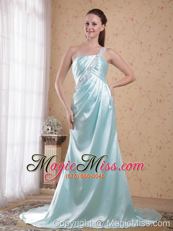 wholesale light blue empire one shoulder brush / sweep elastic woven satin beading prom dress