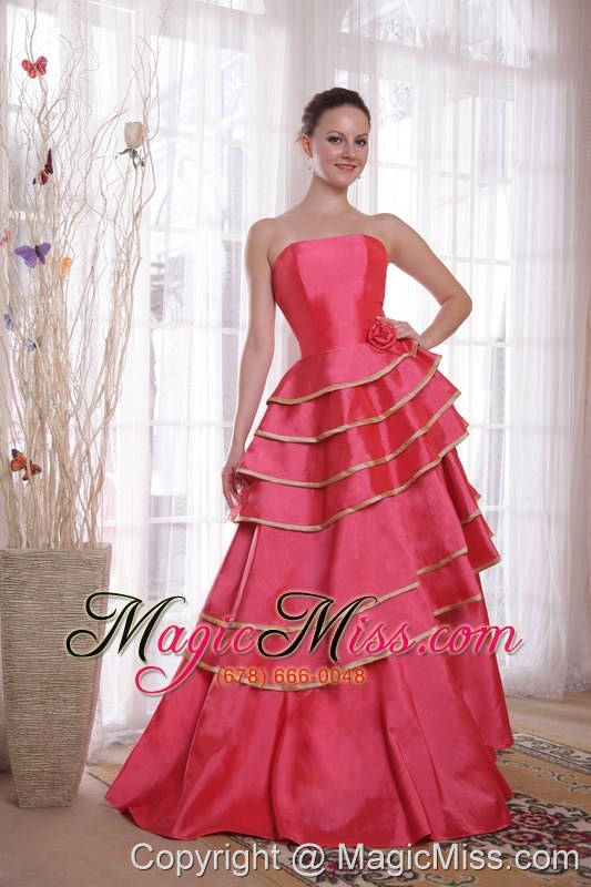 wholesale coral red a-line / princess strapless floor-length satin ruffles prom dress