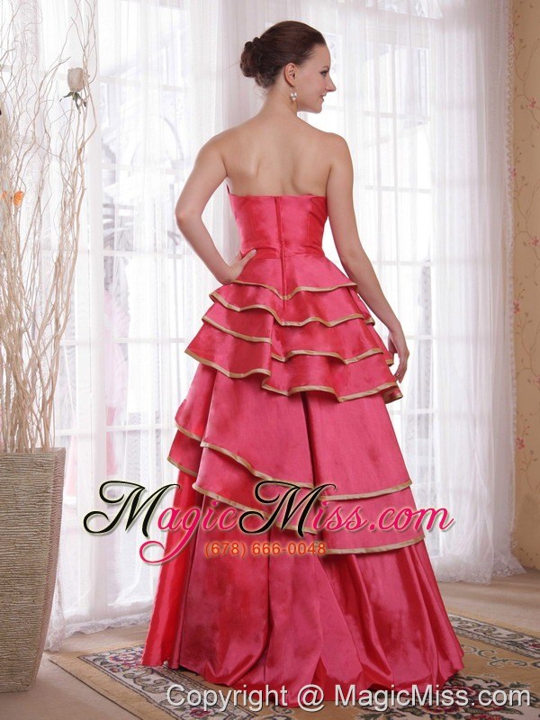 wholesale coral red a-line / princess strapless floor-length satin ruffles prom dress