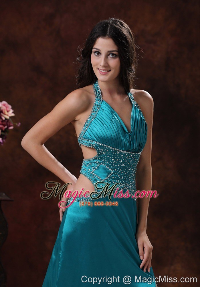 wholesale turquoise high slit halter brush train prom dress with beaded decorate in williams arizona