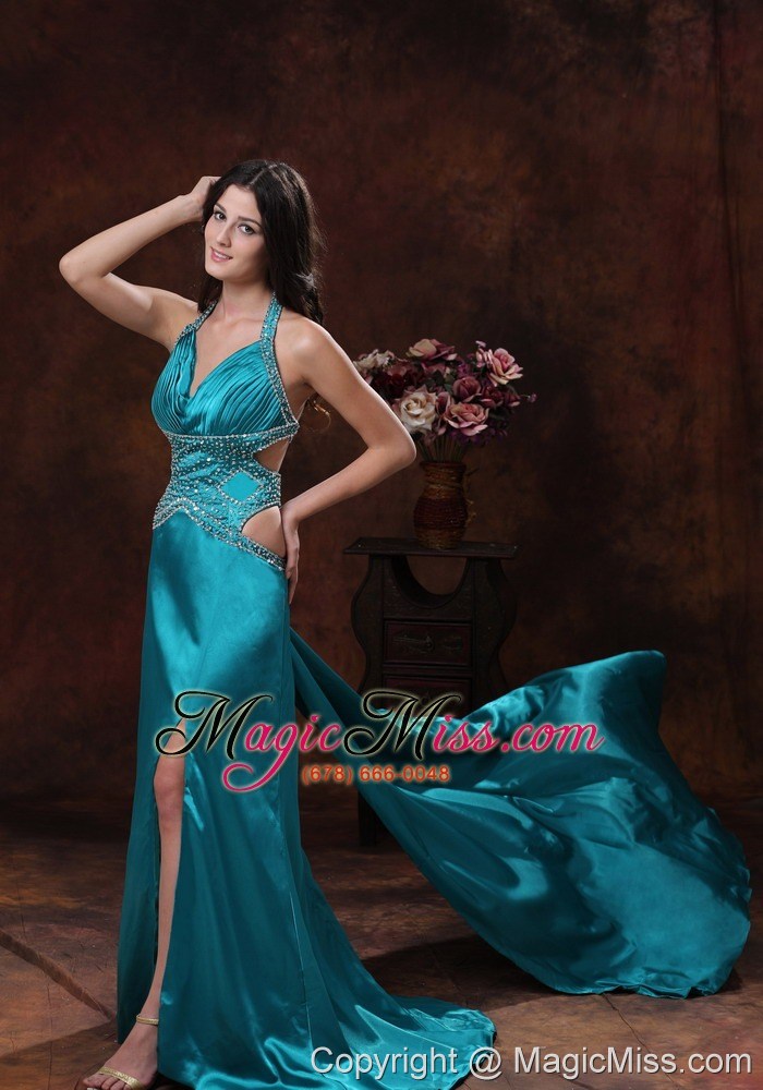 wholesale turquoise high slit halter brush train prom dress with beaded decorate in williams arizona