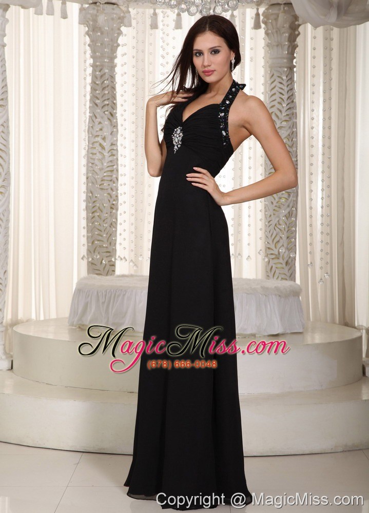 wholesale black column halter floor-length chiffon beading prom dress