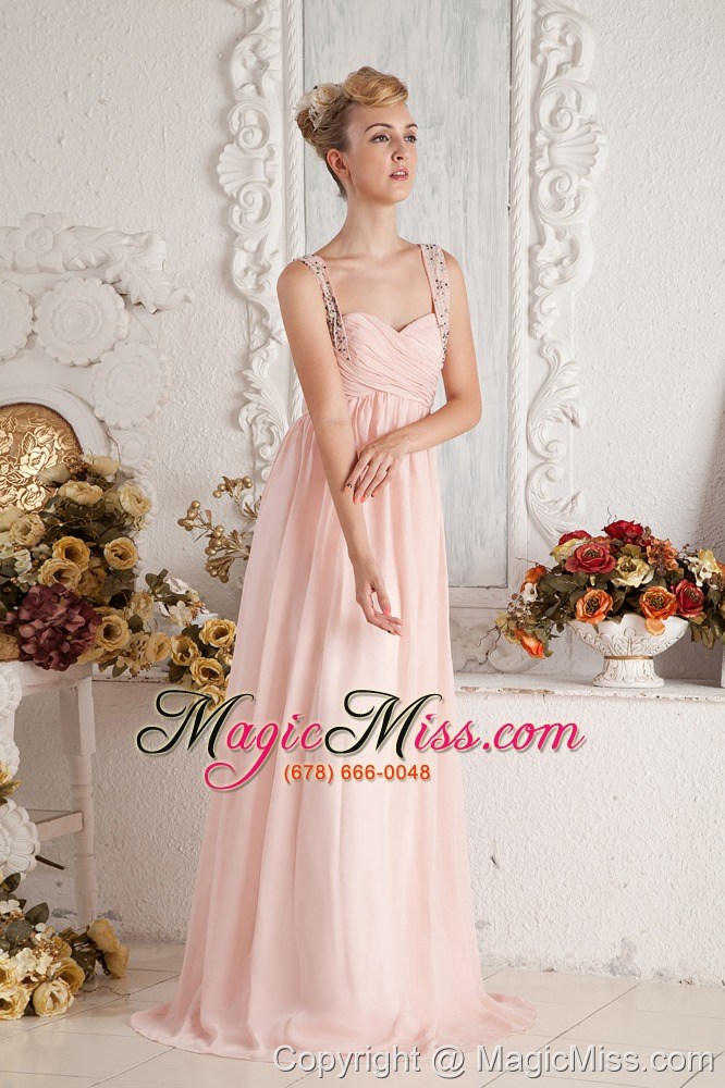 wholesale baby pink empire straps beading and ruch prom dress brush train chiffon