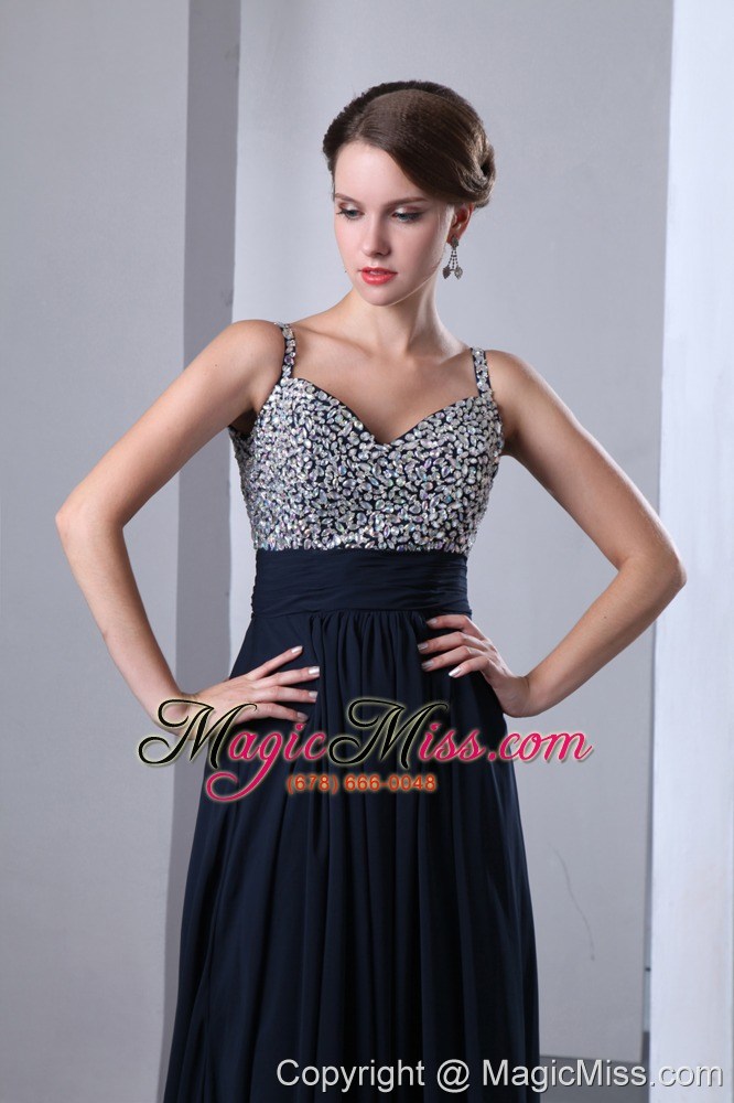 wholesale dark navy blue straps chiffon beading prom dress with colorful beading