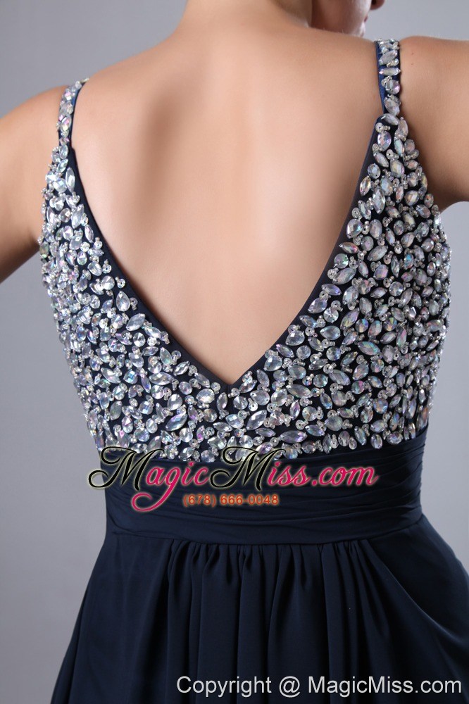 wholesale dark navy blue straps chiffon beading prom dress with colorful beading