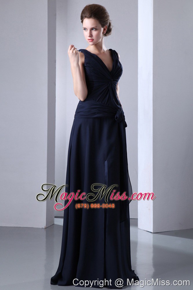 wholesale navy blue empire v-neck ruch prom dress floor-length chiffon