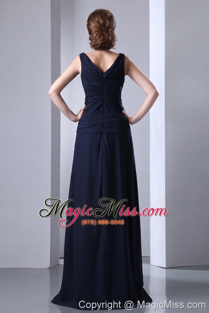 wholesale navy blue empire v-neck ruch prom dress floor-length chiffon