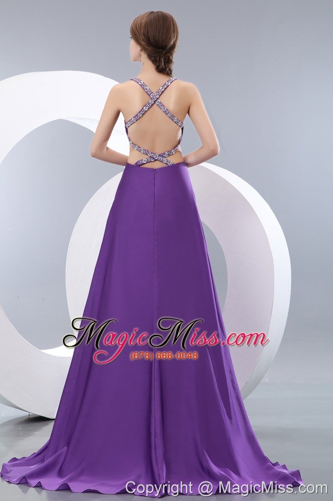 wholesale classical purple empire straps evening dress elastic woven satin beading brush train
