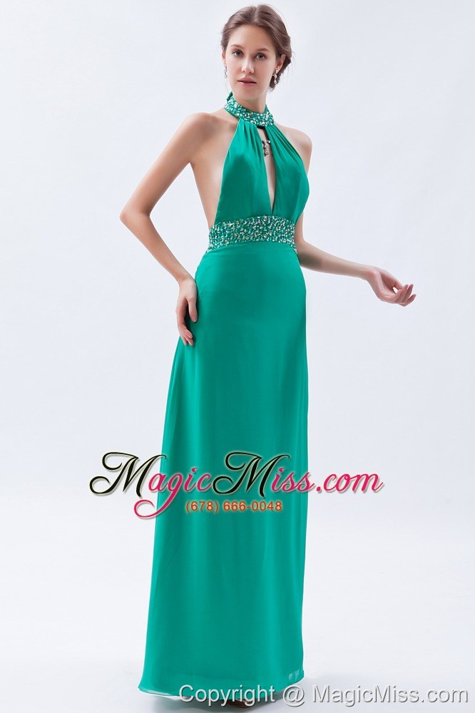 wholesale turquoise column / sheath prom dress backless chiffon beading high-neck