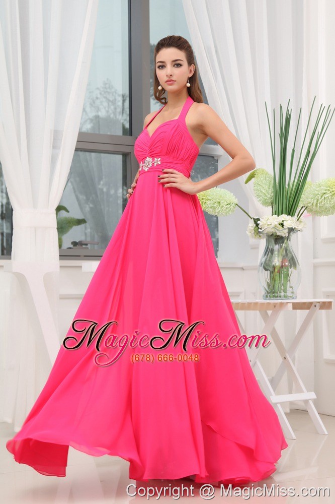 wholesale beading ruching hot pink halter long prom dress