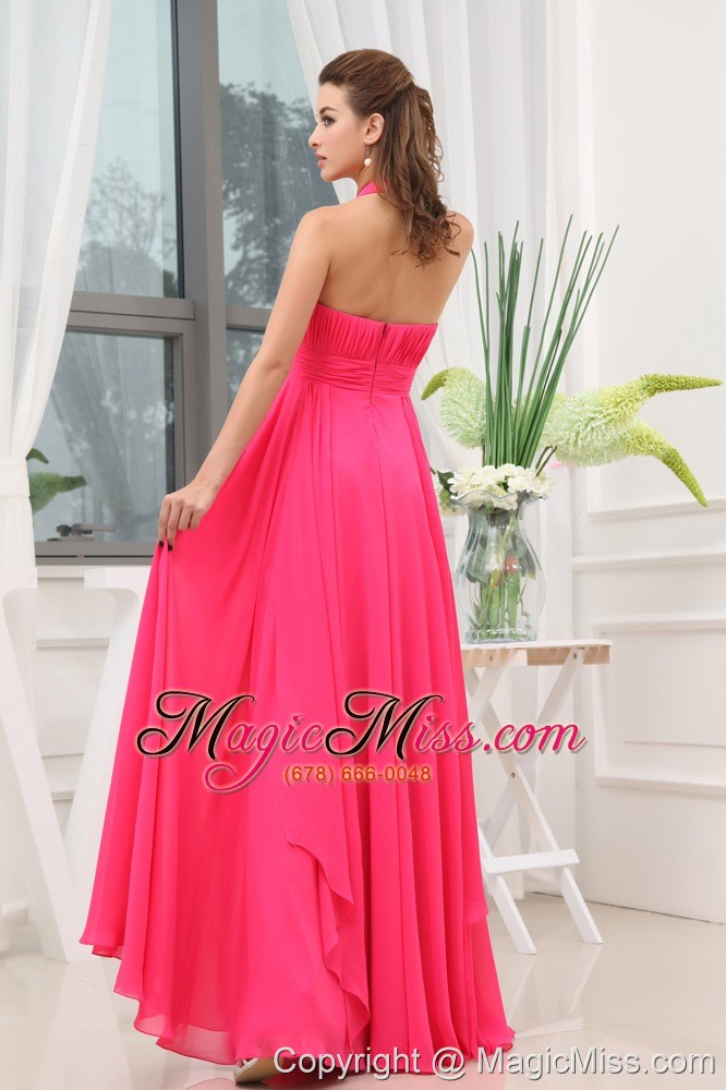 wholesale beading ruching hot pink halter long prom dress