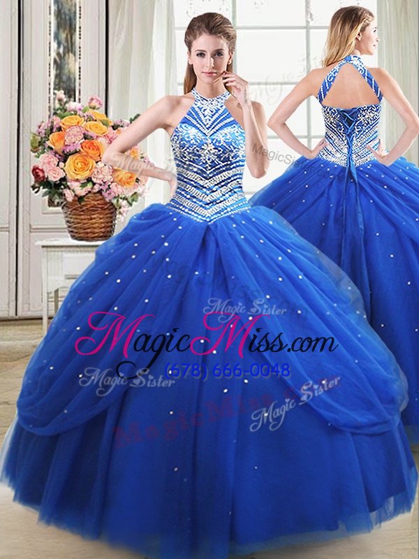 wholesale fashion four piece pick ups ball gowns quinceanera dress aqua blue halter top tulle sleeveless floor length lace up