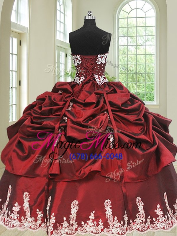 wholesale gorgeous four piece wine red ball gowns beading and appliques and pick ups ball gown prom dress lace up taffeta sleeveless floor length