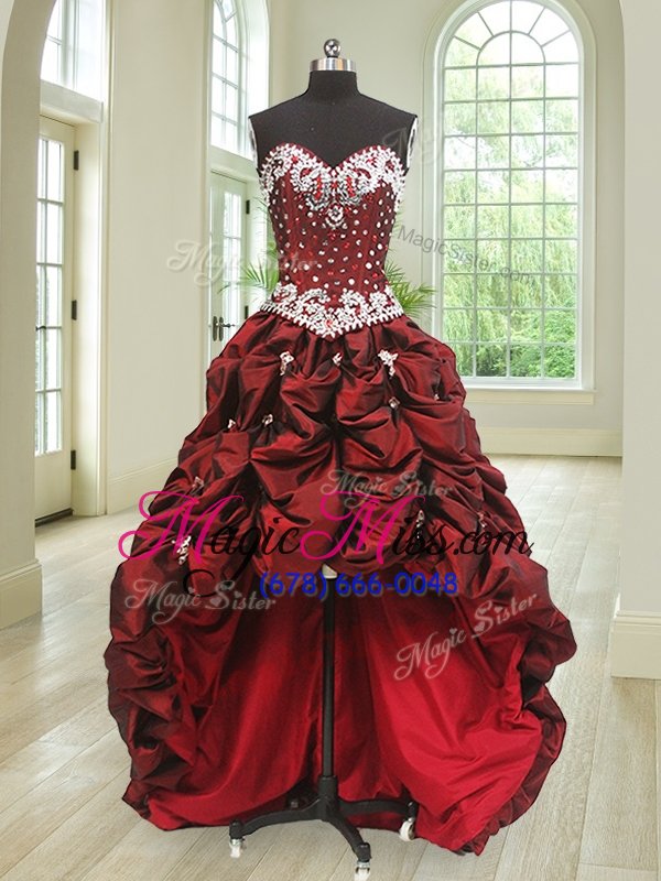 wholesale gorgeous four piece wine red ball gowns beading and appliques and pick ups ball gown prom dress lace up taffeta sleeveless floor length