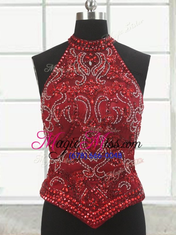 wholesale low price three piece red halter top lace up beading quinceanera gowns court train sleeveless