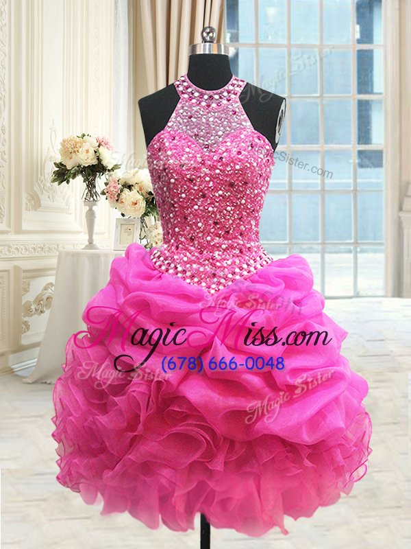 wholesale graceful three piece halter top beading and ruffles and pick ups quinceanera dresses hot pink lace up sleeveless floor length