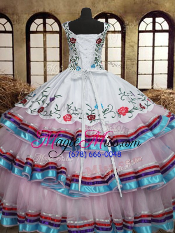 wholesale delicate straps straps ruffled white sleeveless organza and taffeta lace up quinceanera dress for military ball and sweet 16 and quinceanera