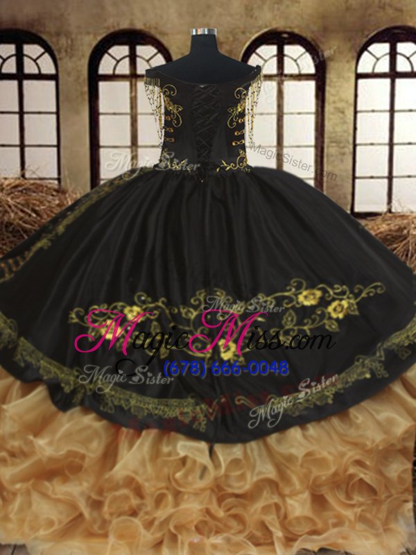 wholesale cheap off the shoulder black and gold sleeveless beading and embroidery and ruffled layers floor length sweet 16 quinceanera dress
