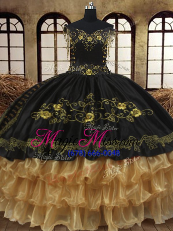 wholesale cheap off the shoulder black and gold sleeveless beading and embroidery and ruffled layers floor length sweet 16 quinceanera dress
