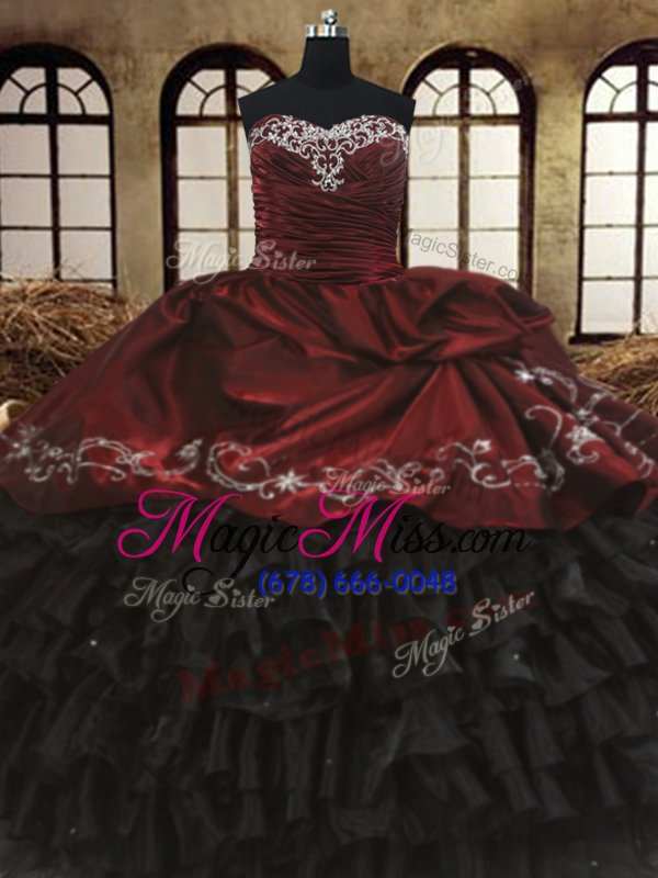 wholesale great ruffled floor length black and wine red quince ball gowns sweetheart sleeveless lace up