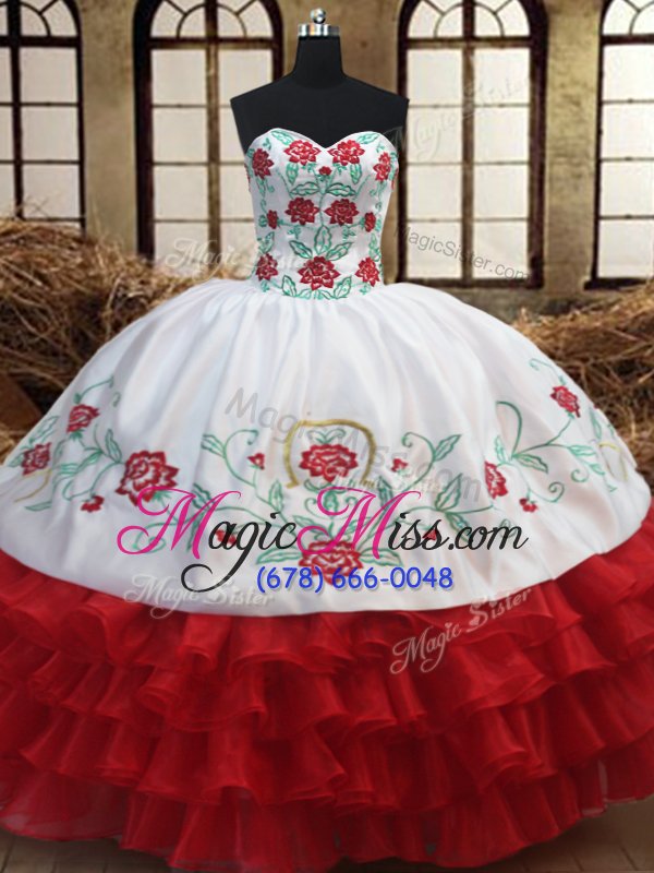 wholesale edgy white and red lace up sweetheart embroidery and ruffled layers 15 quinceanera dress organza sleeveless