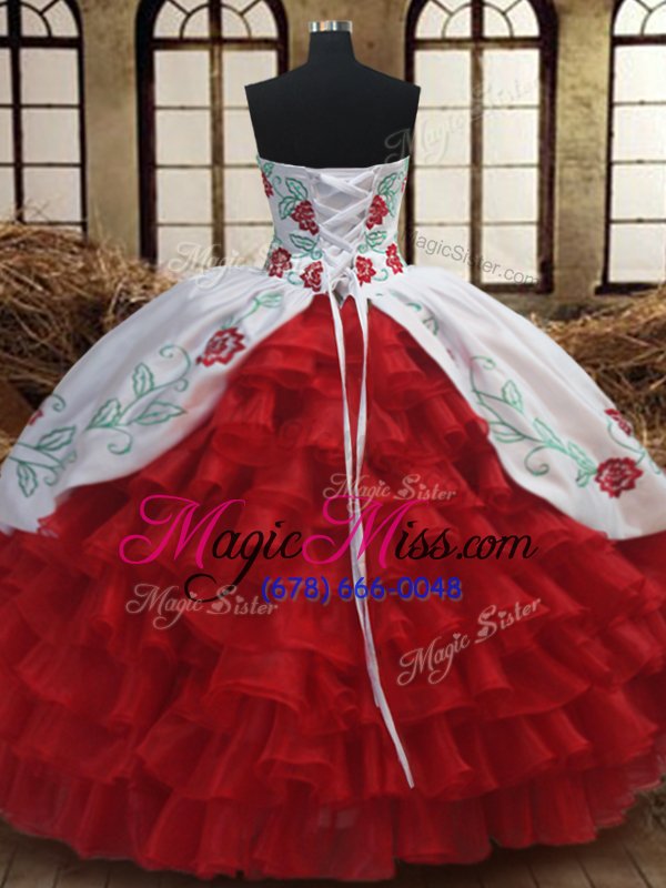 wholesale edgy white and red lace up sweetheart embroidery and ruffled layers 15 quinceanera dress organza sleeveless