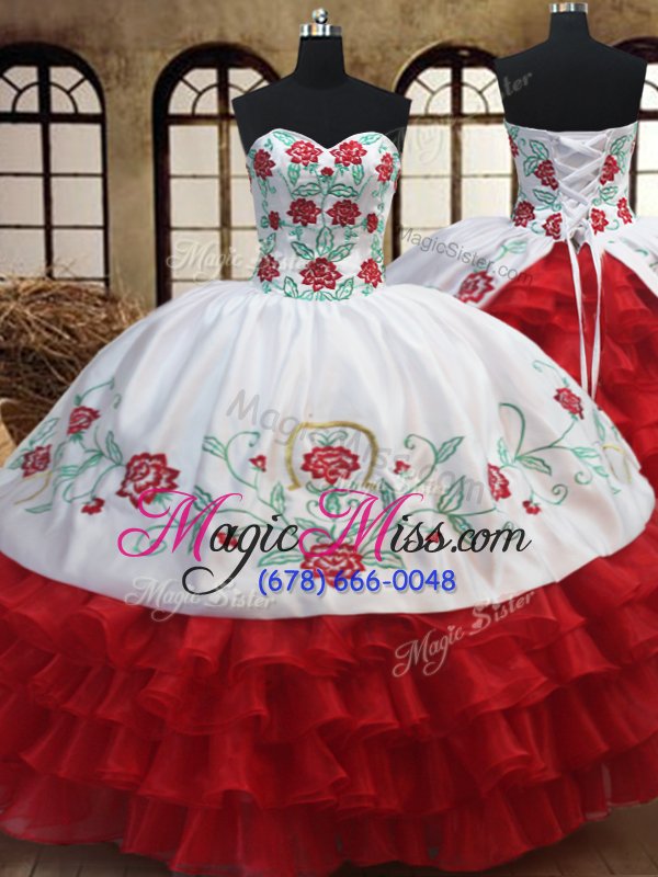 wholesale eye-catching embroideryruffled white and red sleeveless organza lace up sweet 16 dress for military ball and sweet 16 and quinceanera
