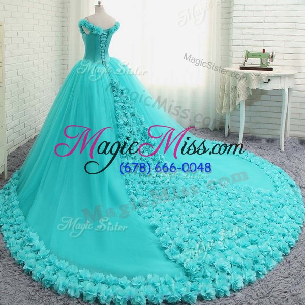 wholesale fashion off the shoulder aqua blue cap sleeves court train hand made flower with train ball gown prom dress