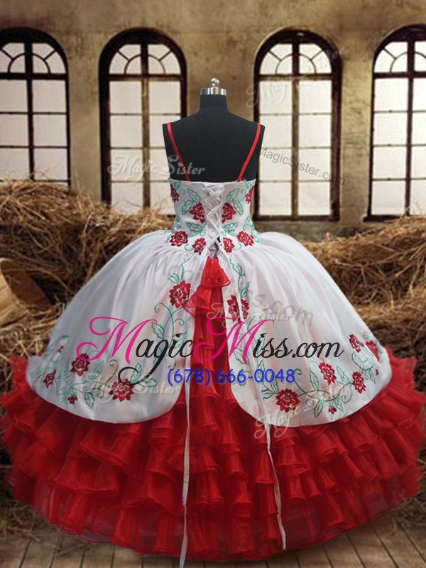 wholesale new arrival spaghetti straps sleeveless organza girls pageant dresses embroidery and ruffled layers lace up