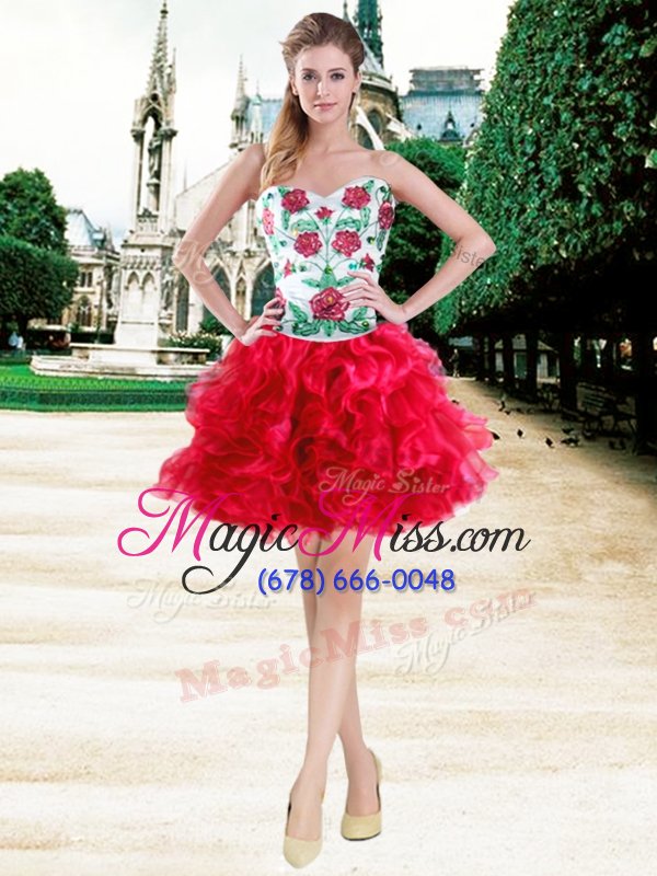 wholesale pretty organza and taffeta sweetheart sleeveless zipper embroidery and ruffles club wear in white and red