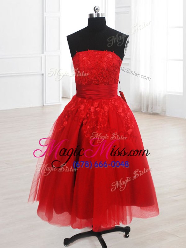 wholesale eye-catching strapless sleeveless lace up dress for prom red organza