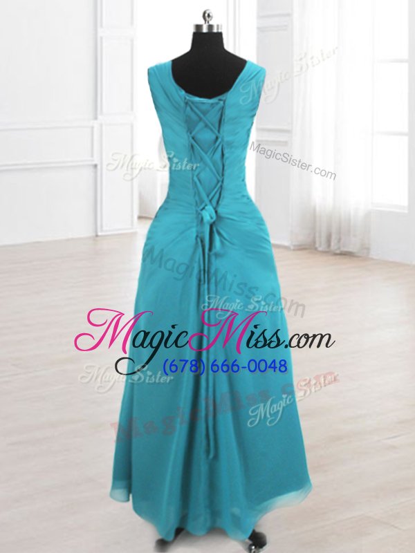 wholesale beauteous teal a-line scoop sleeveless chiffon floor length lace up beading and ruching evening party dresses