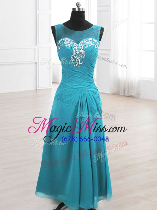 wholesale beauteous teal a-line scoop sleeveless chiffon floor length lace up beading and ruching evening party dresses