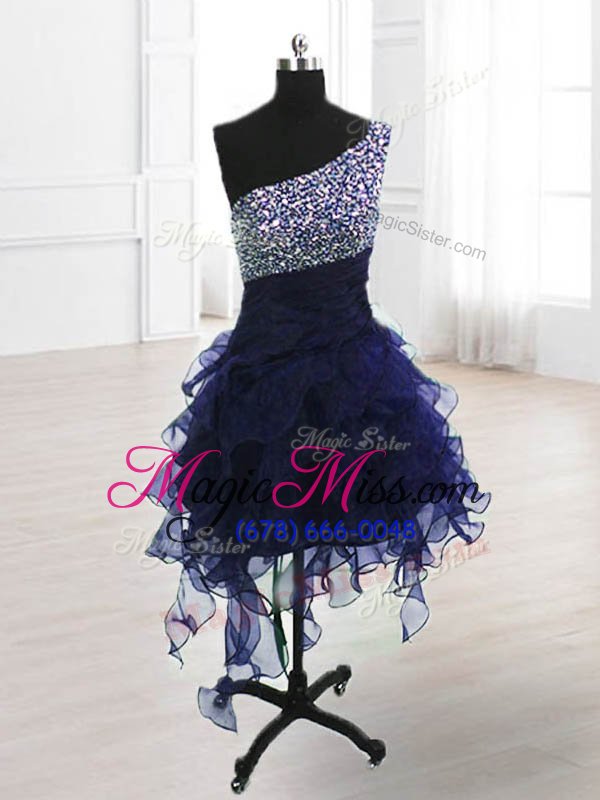 wholesale affordable one shoulder navy blue a-line beading cocktail dresses lace up organza sleeveless knee length