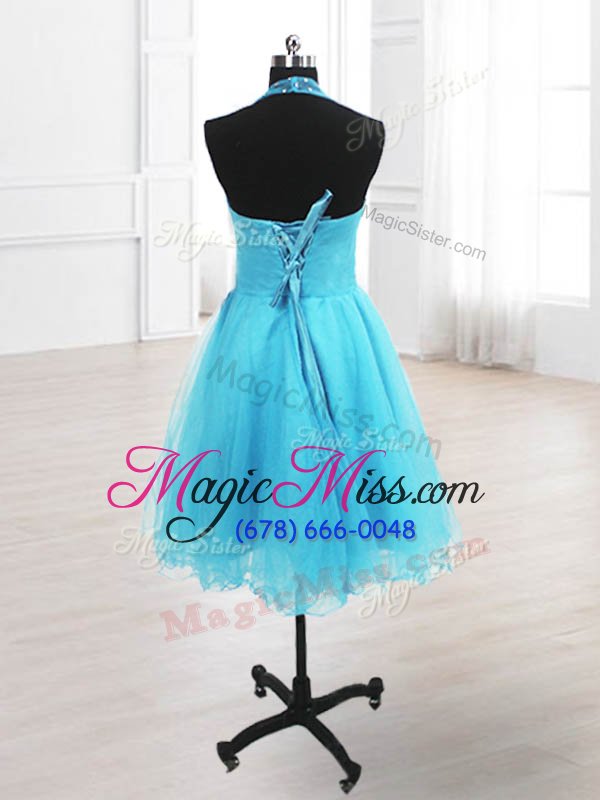 wholesale fitting sleeveless organza knee length lace up prom dresses in baby blue for with ruffles