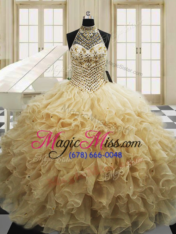 wholesale super sweep train ball gowns quinceanera dresses champagne high-neck tulle sleeveless with train lace up