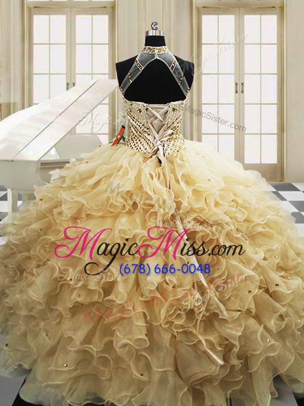 wholesale super sweep train ball gowns quinceanera dresses champagne high-neck tulle sleeveless with train lace up