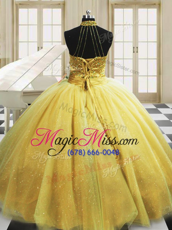 wholesale fashion yellow high-neck neckline beading quince ball gowns sleeveless lace up