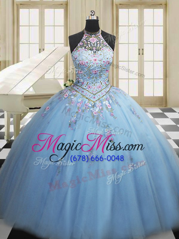 wholesale free and easy floor length light blue sweet 16 dress high-neck sleeveless lace up