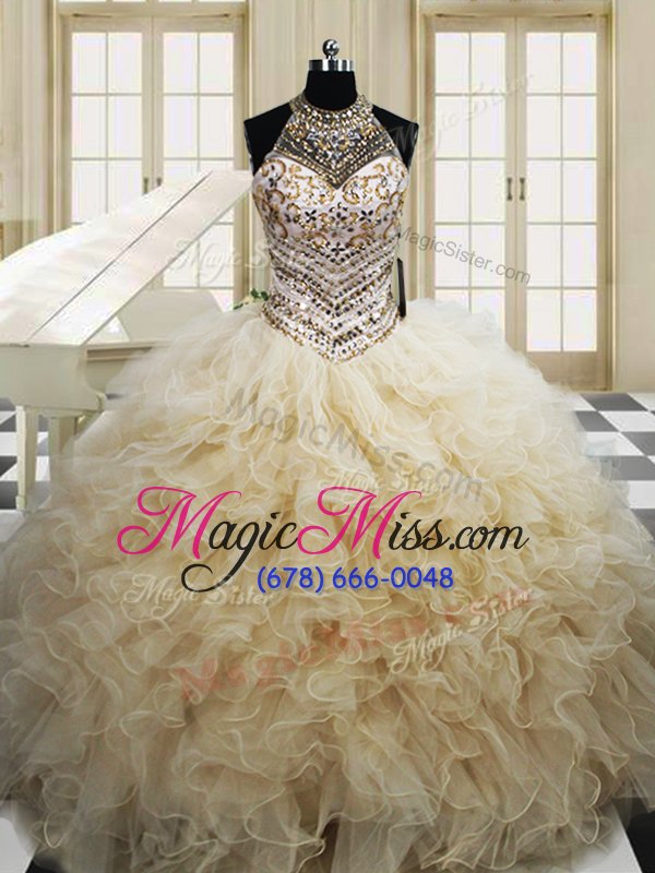 wholesale clearance halter top champagne ball gowns beading and ruffles quinceanera gown lace up tulle sleeveless floor length