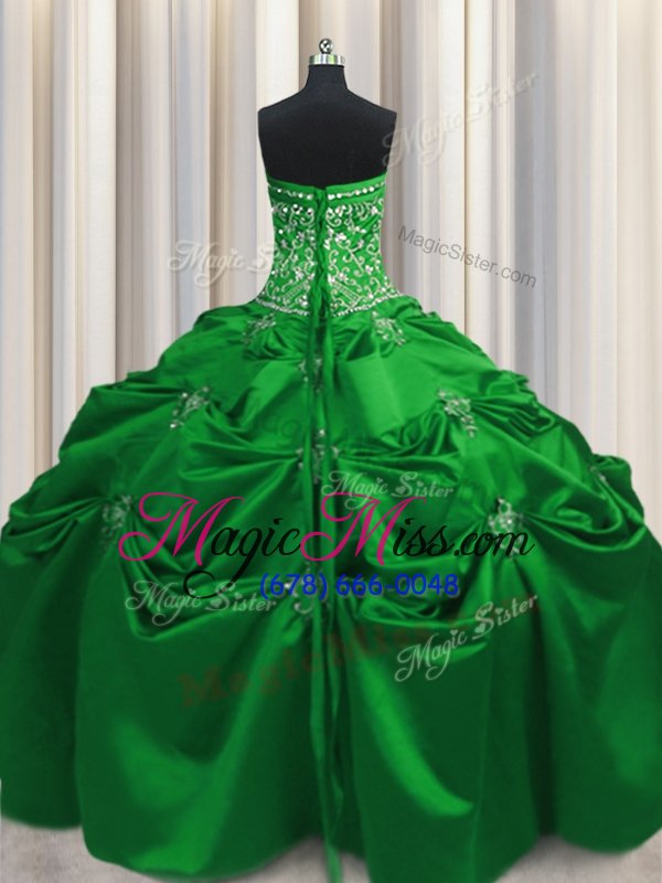 wholesale exquisite taffeta strapless sleeveless lace up beading and appliques and embroidery quinceanera gowns in green