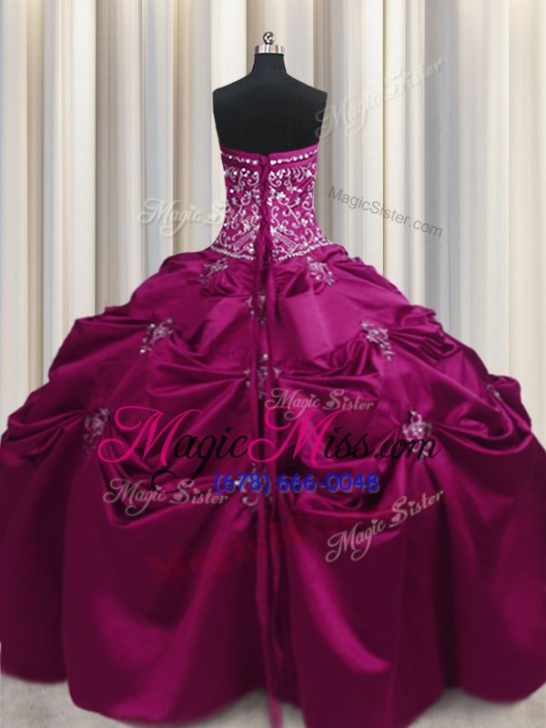 wholesale enchanting floor length fuchsia sweet 16 dress taffeta sleeveless beading and appliques and embroidery